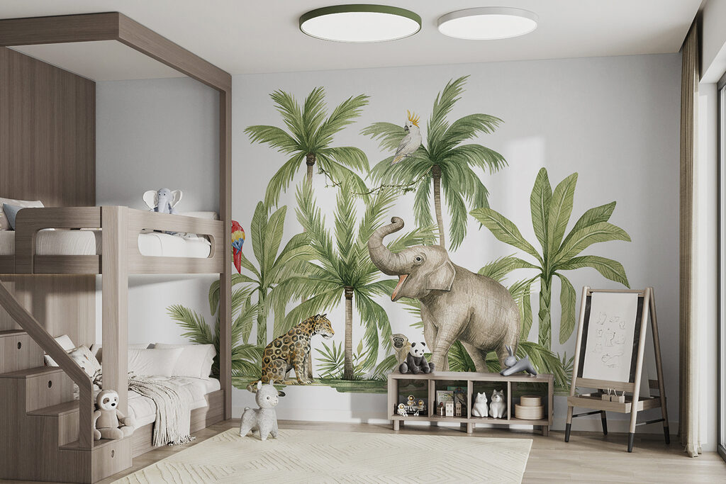 Elefante entre palmeras claras — interior 1