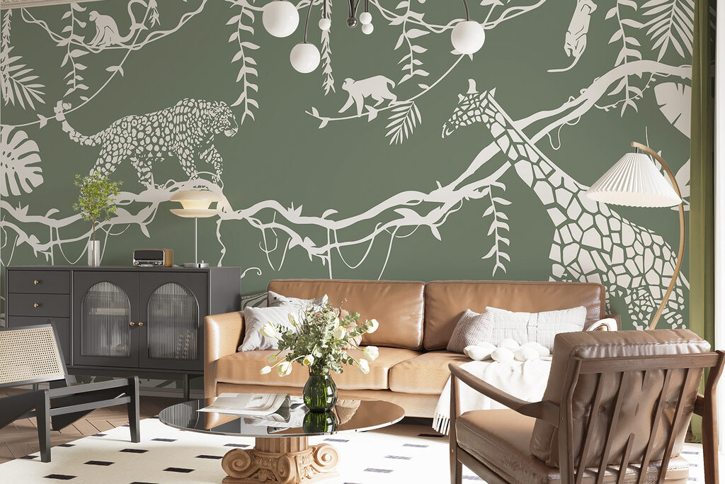 Animales en contornos blancos en un interior