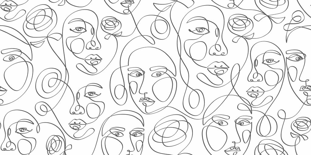 Rostros entre espirales — diseño completo