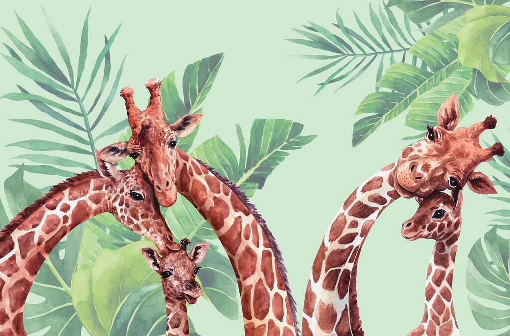 Tres jirafas entre hojas — diseño completo