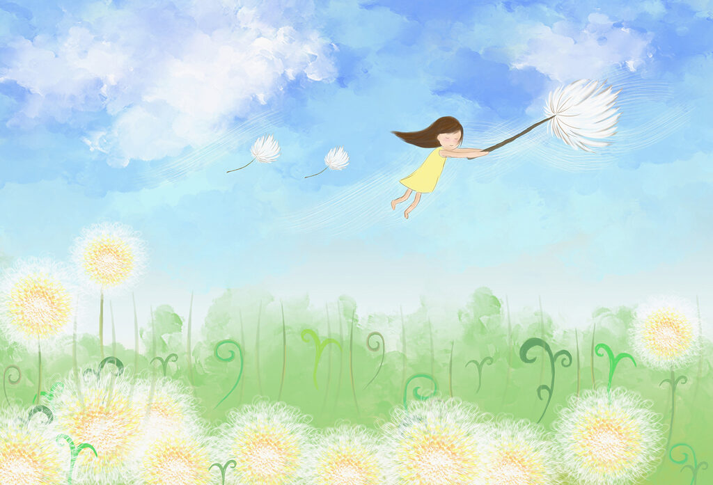 Niña flotando sobre flores — diseño completo