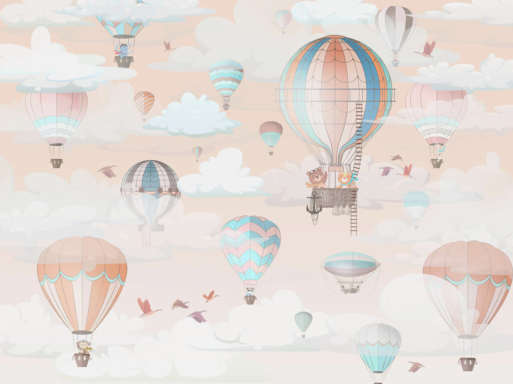 Globos pastel entre nubes — diseño completo
