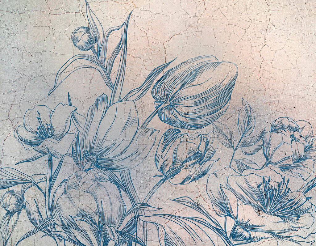 Flores azules sobre grietas — diseño completo