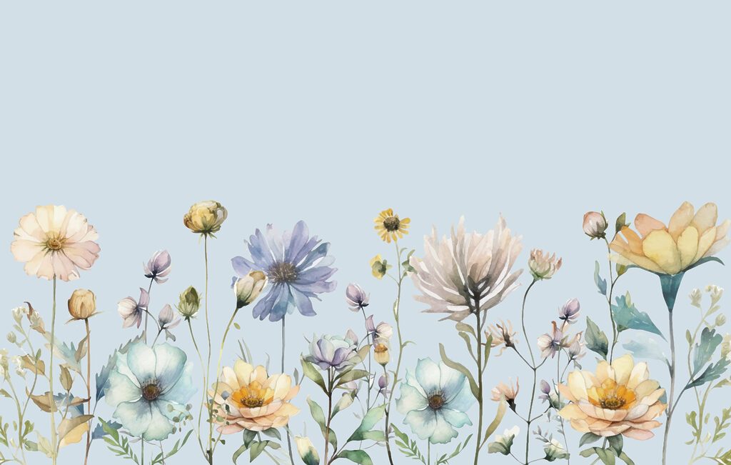 Flores silvestres, cielo claro — diseño completo