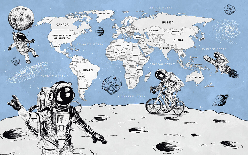 Astronautas ante un mapa — diseño completo