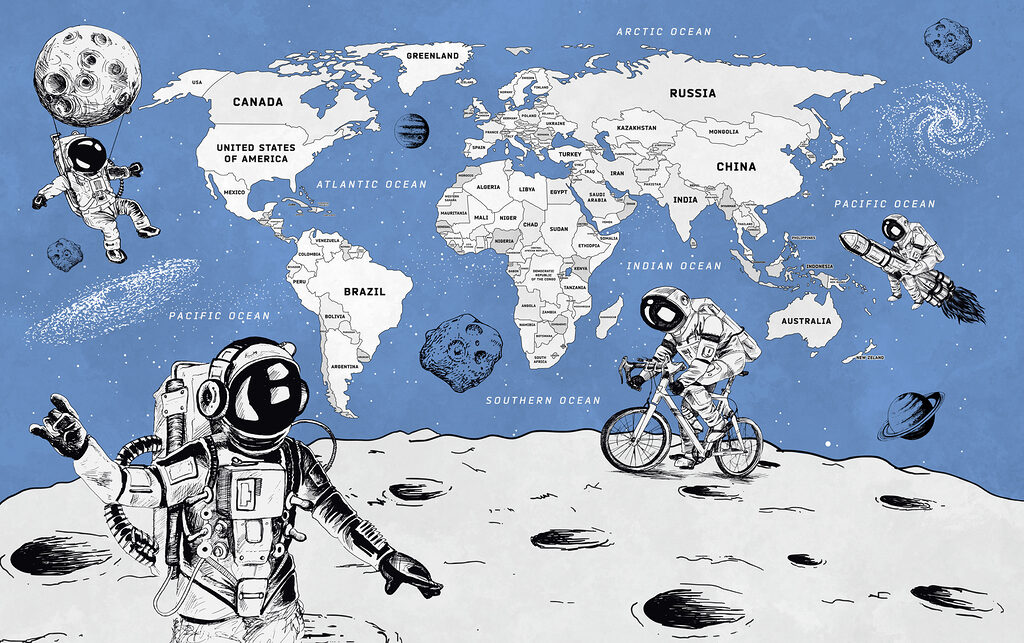 Astronautas ante un mapa — diseño completo