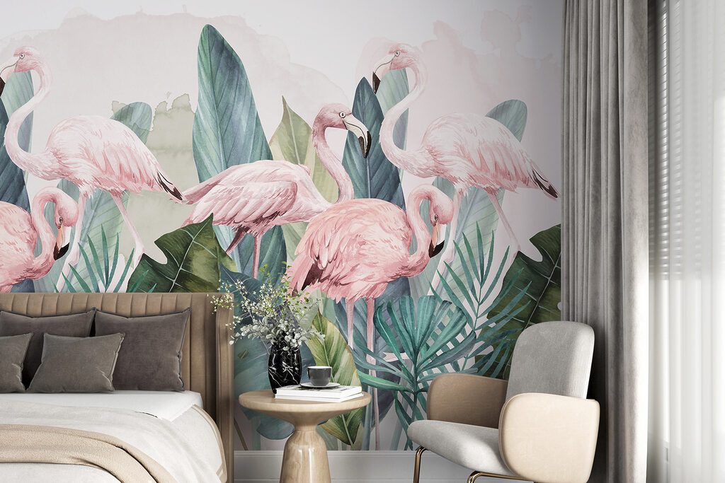 Flamencos en acuarela turquesa — interior 1