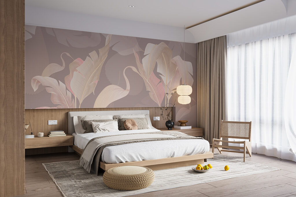 Flamencos tras hojas grandes — interior 1