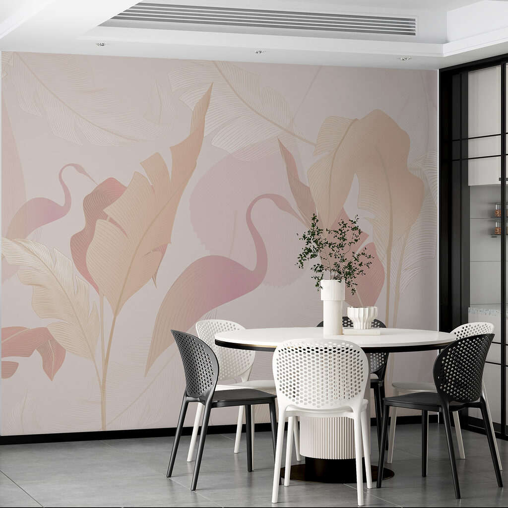 Flamencos tras hojas grandes — interior 2