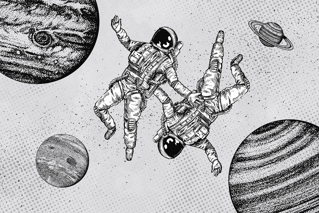 Dos astronautas entre planetas — diseño completo