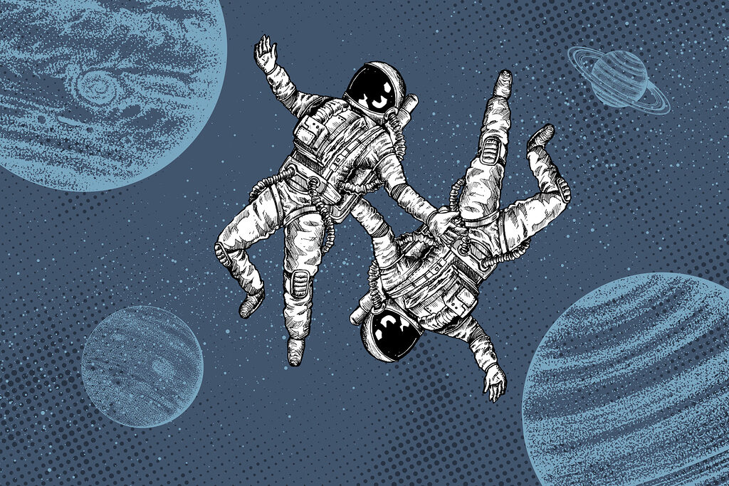 Dos astronautas entre planetas — diseño completo