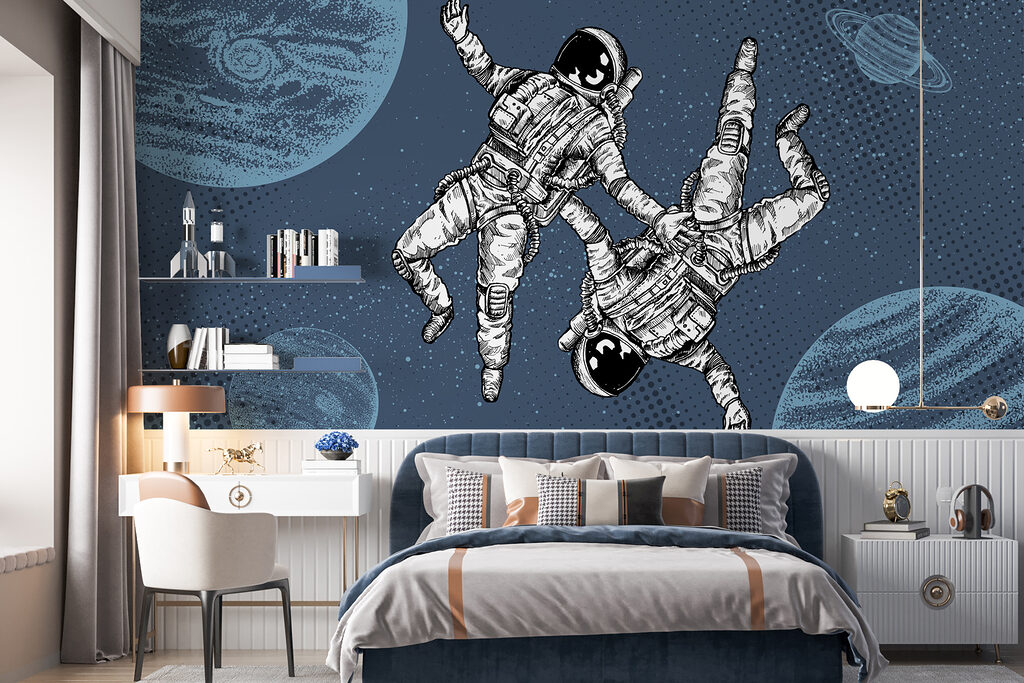 Dos astronautas entre planetas en un interior