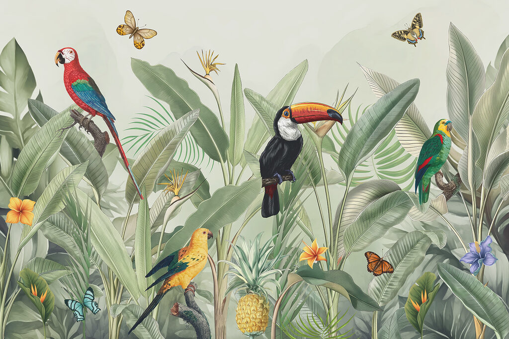 Aves tropicales entre hojas — diseño completo