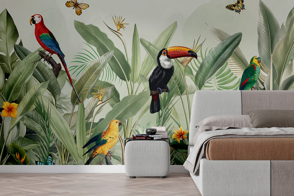 Aves tropicales entre hojas en un interior