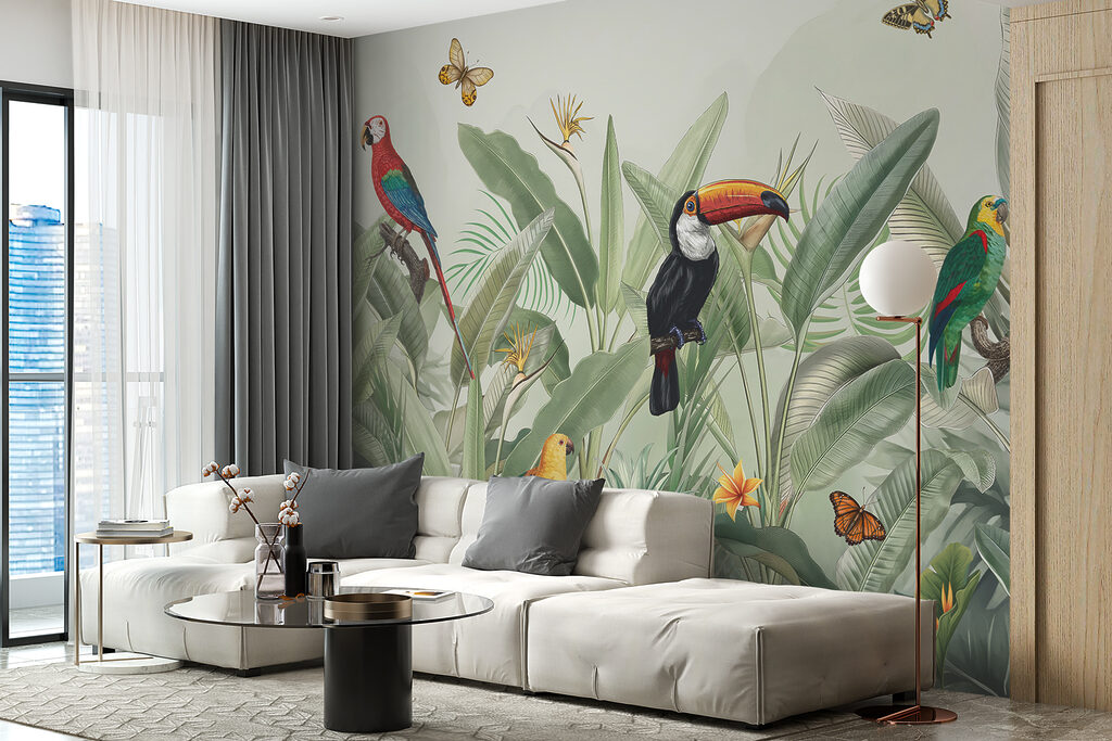 Aves tropicales entre hojas — interior 2