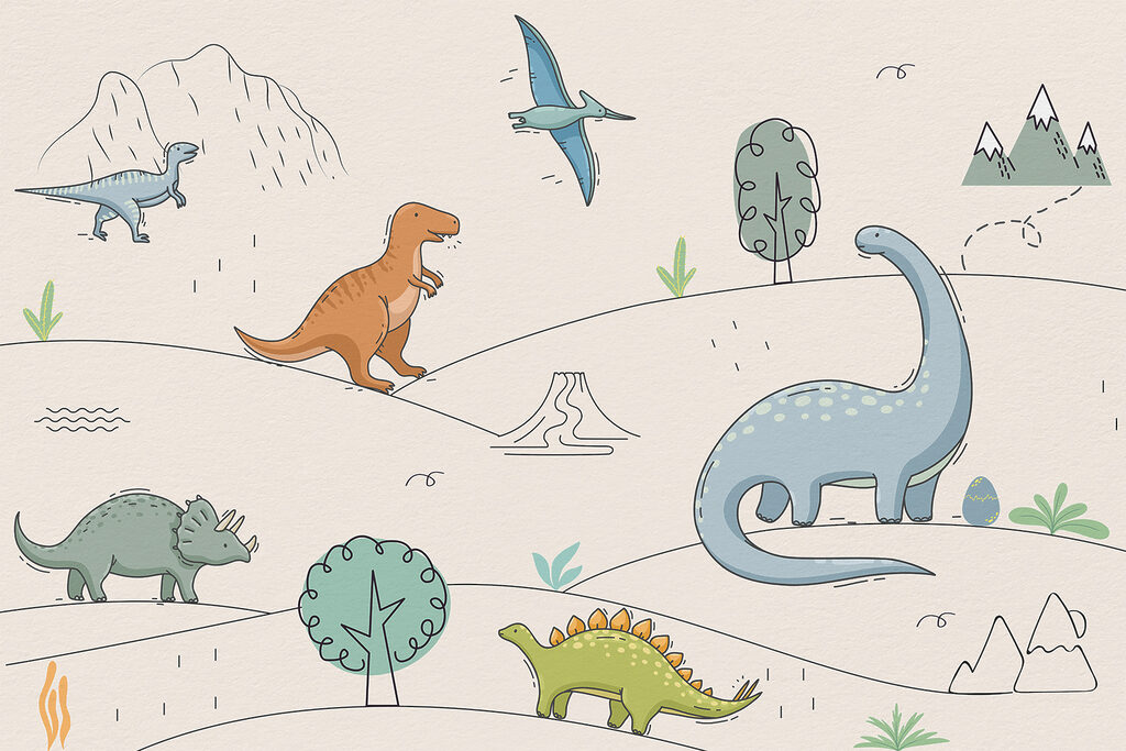 Dinosaurios en contornos finos — diseño completo