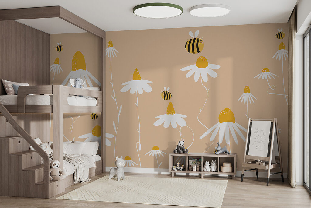 Abejas sobre flores blancas en un interior