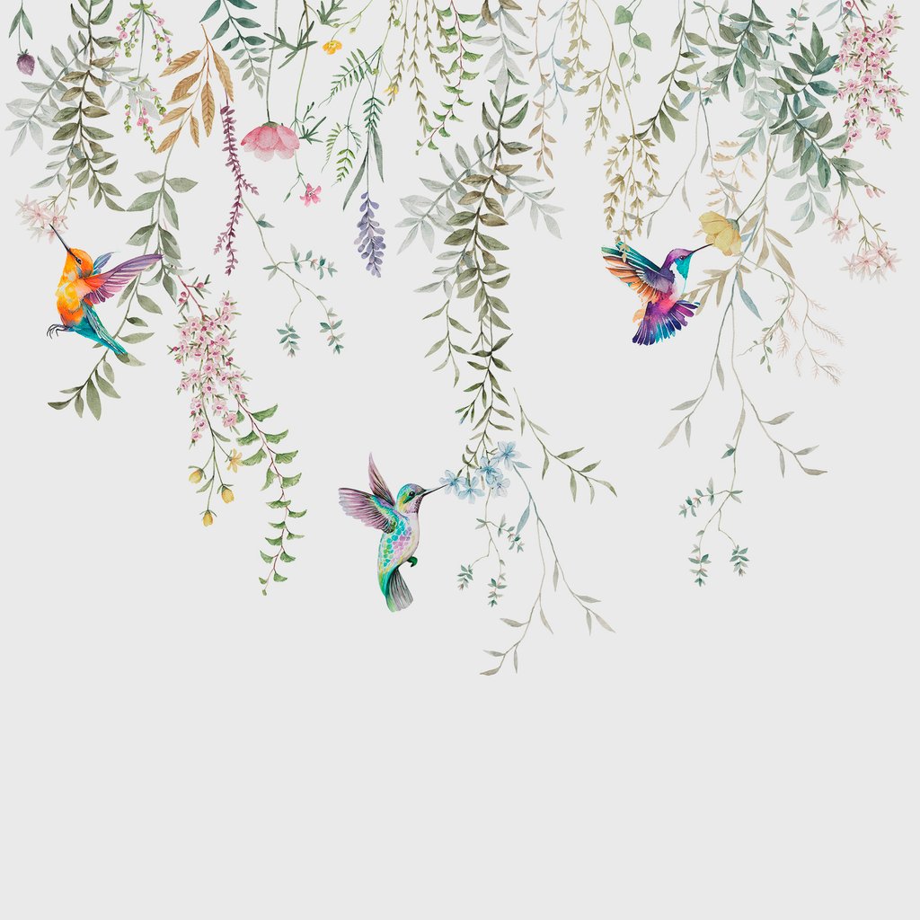 Colibríes bajo guirnaldas — diseño completo