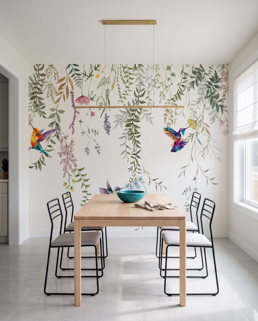 Colibríes bajo guirnaldas en un interior
