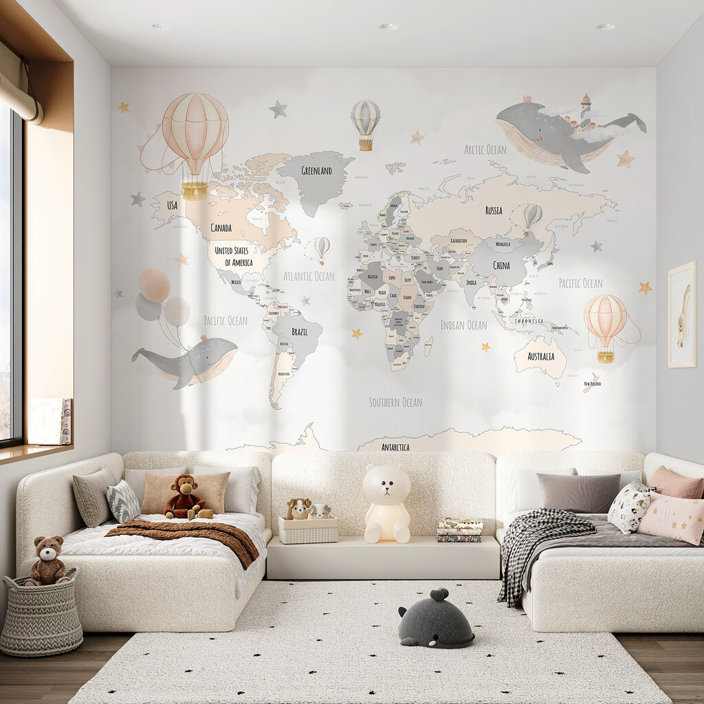 Mapa con globos en un interior