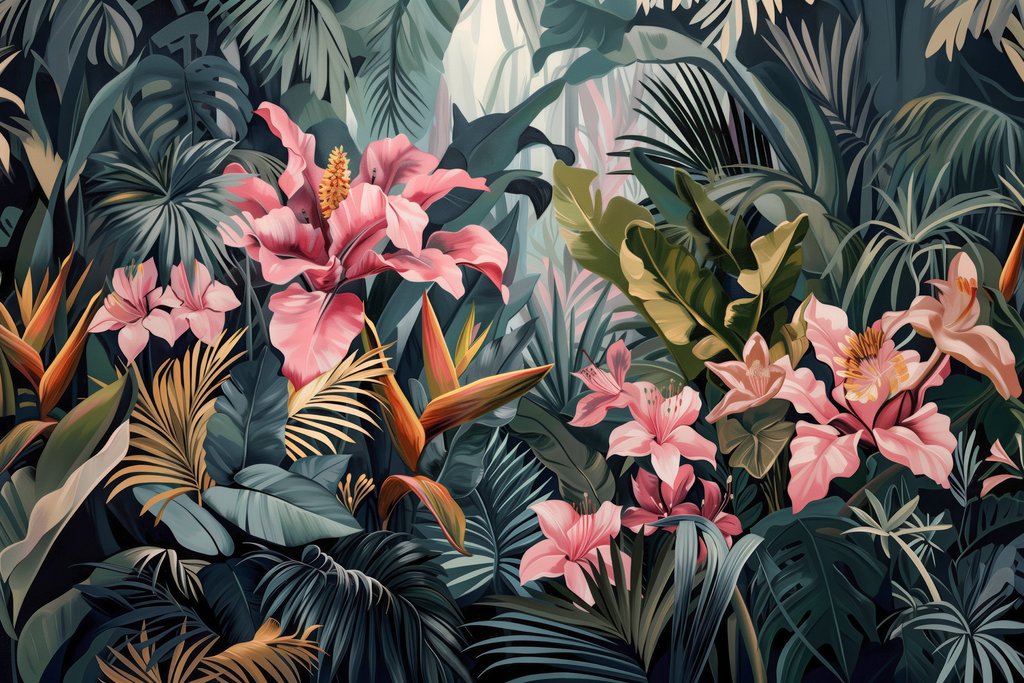 Flores rosas entre hojas — diseño completo