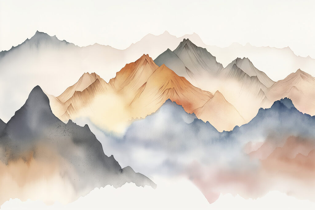 Montañas en acuarela cálida — diseño completo