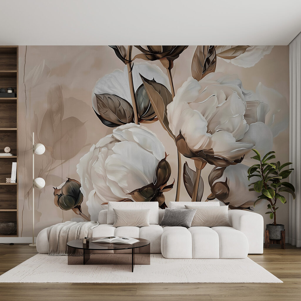 Flores blancas con tallos en un interior