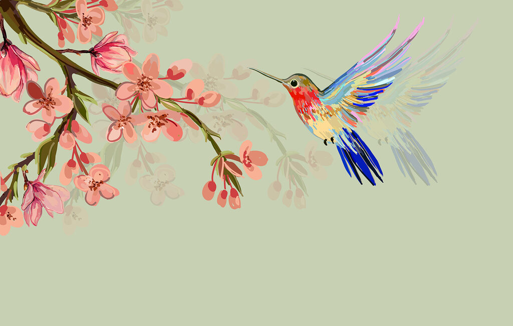 Colibrí entre flores rosas — diseño completo