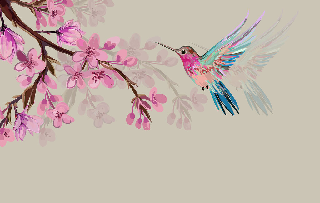 Colibrí entre flores rosas — diseño completo