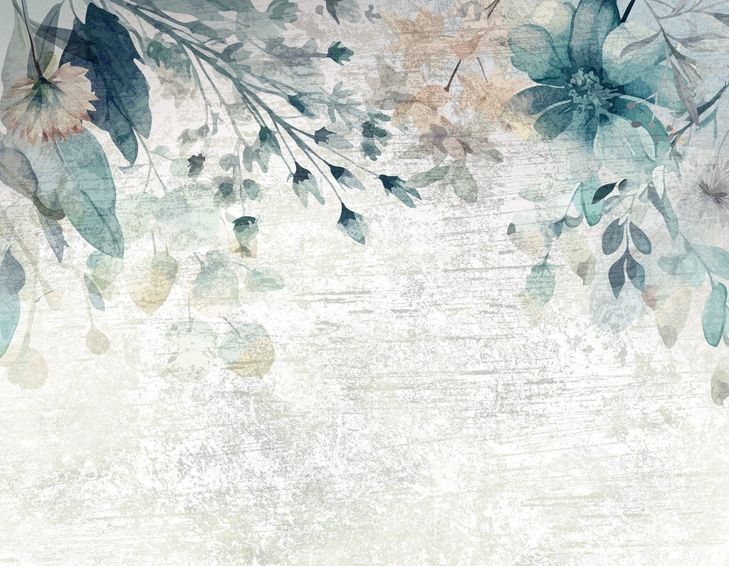 Flores azules sobre pátina — diseño completo