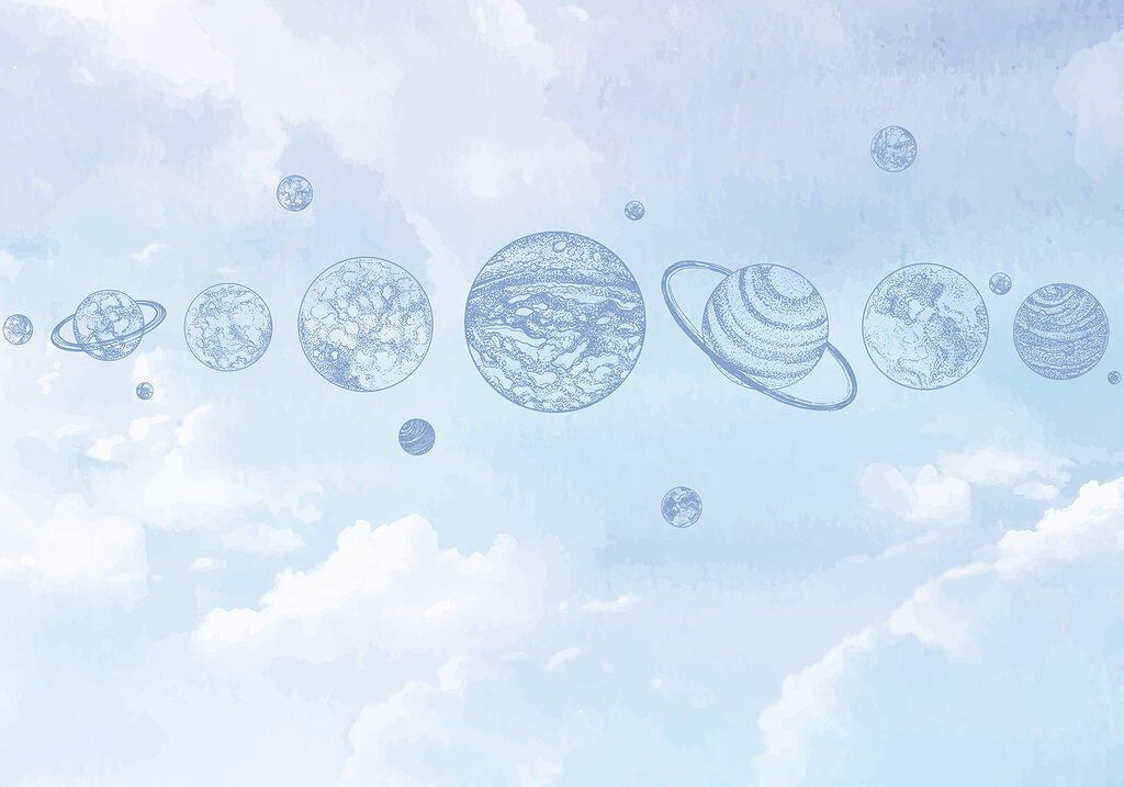 Planetas sobre nubes azules — diseño completo