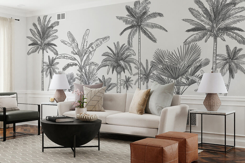 Palmeral en tinta negra en un interior