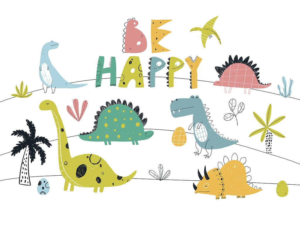 Dinosaurios alegres con letras — diseño completo