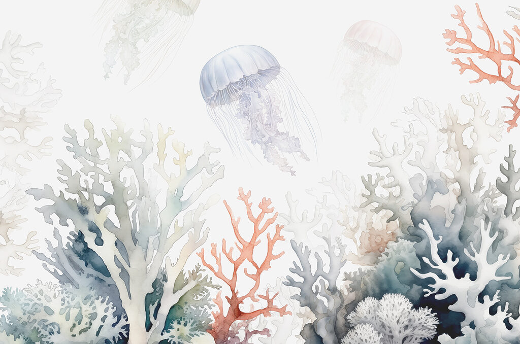 Medusa sobre coral pálido — diseño completo