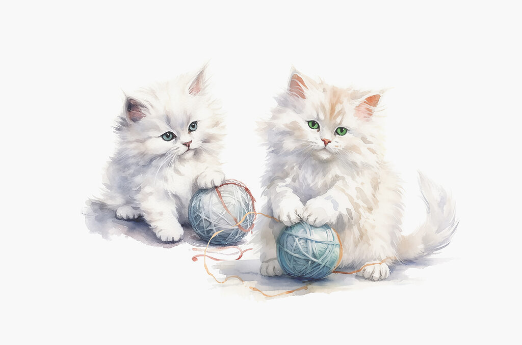 Dos gatitos con ovillos — diseño completo