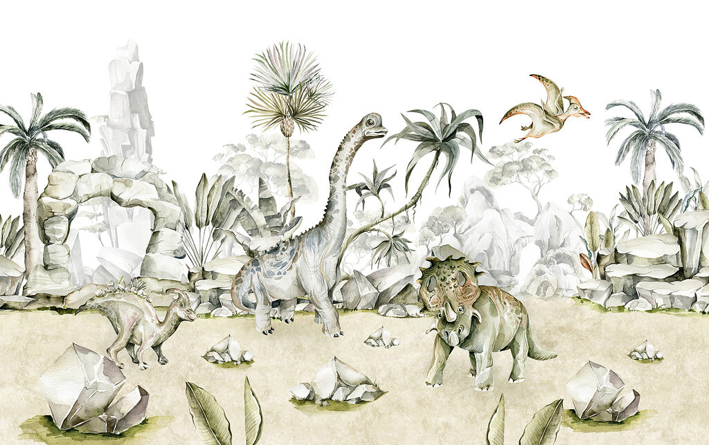 Dinosaurios entre rocas claras — diseño completo