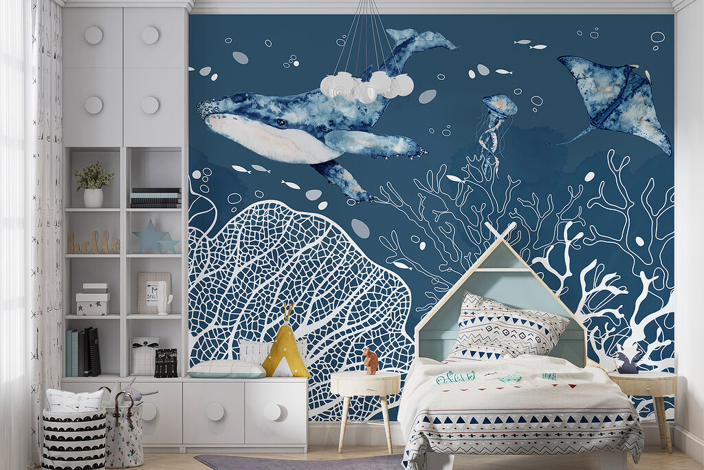 Ballena sobre coral blanco en un interior