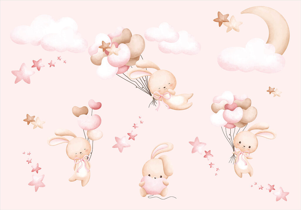 Conejitos con globos rosas — diseño completo