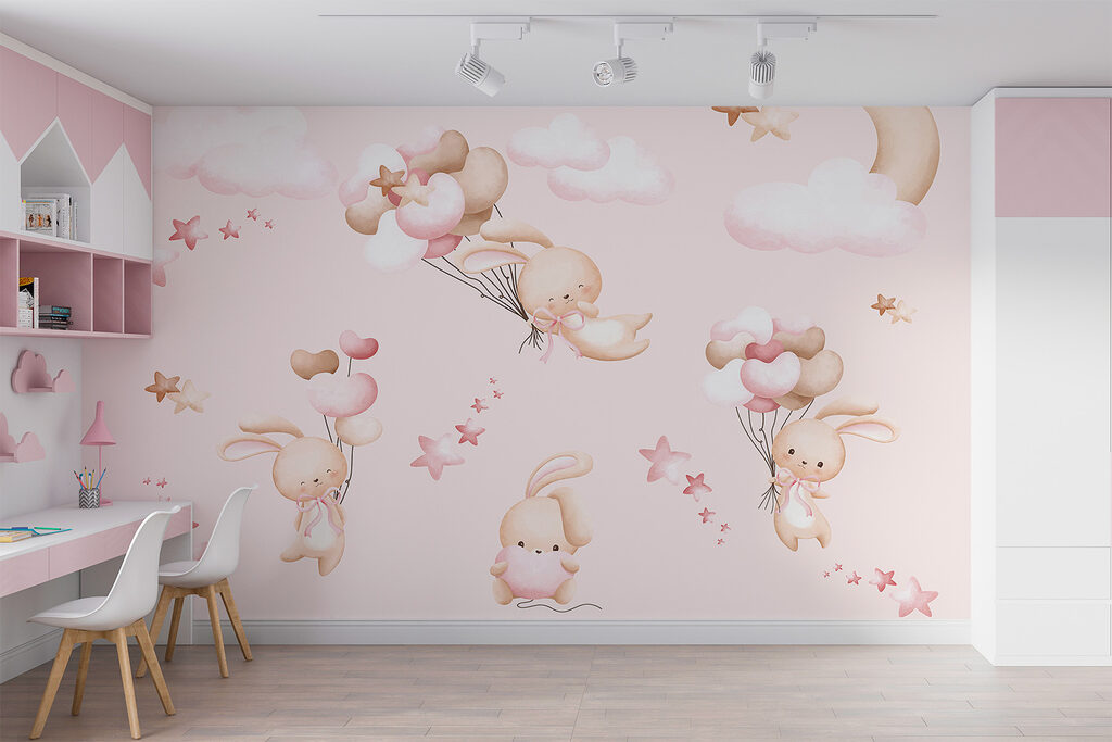Conejitos con globos rosas en un interior