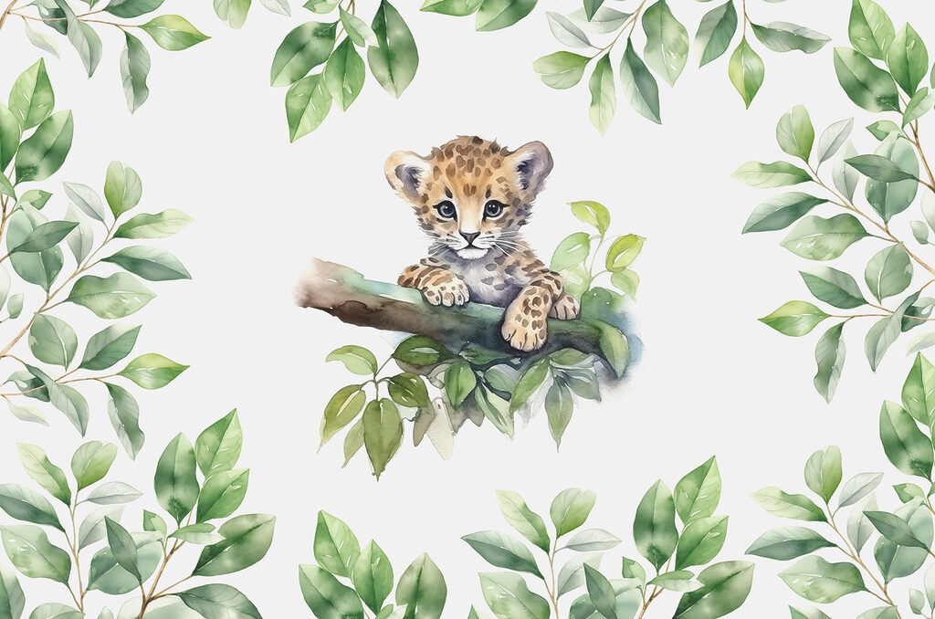 Cachorro entre ramas verdes — diseño completo
