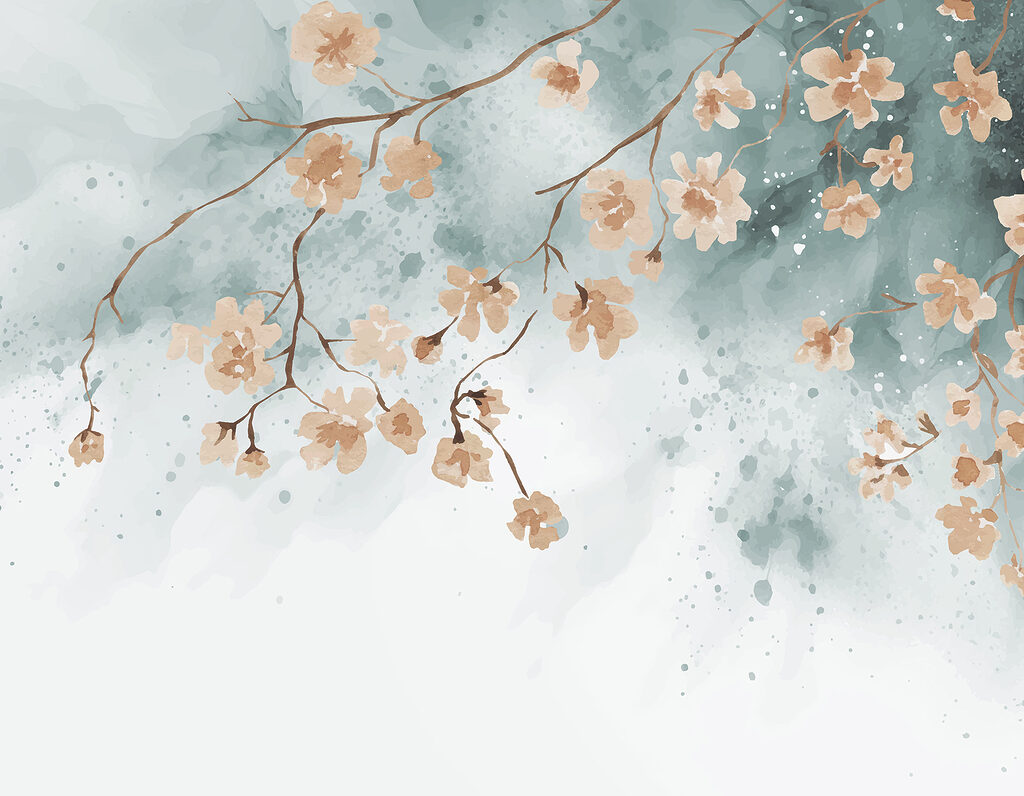 Flores albaricoque sobre azul — diseño completo