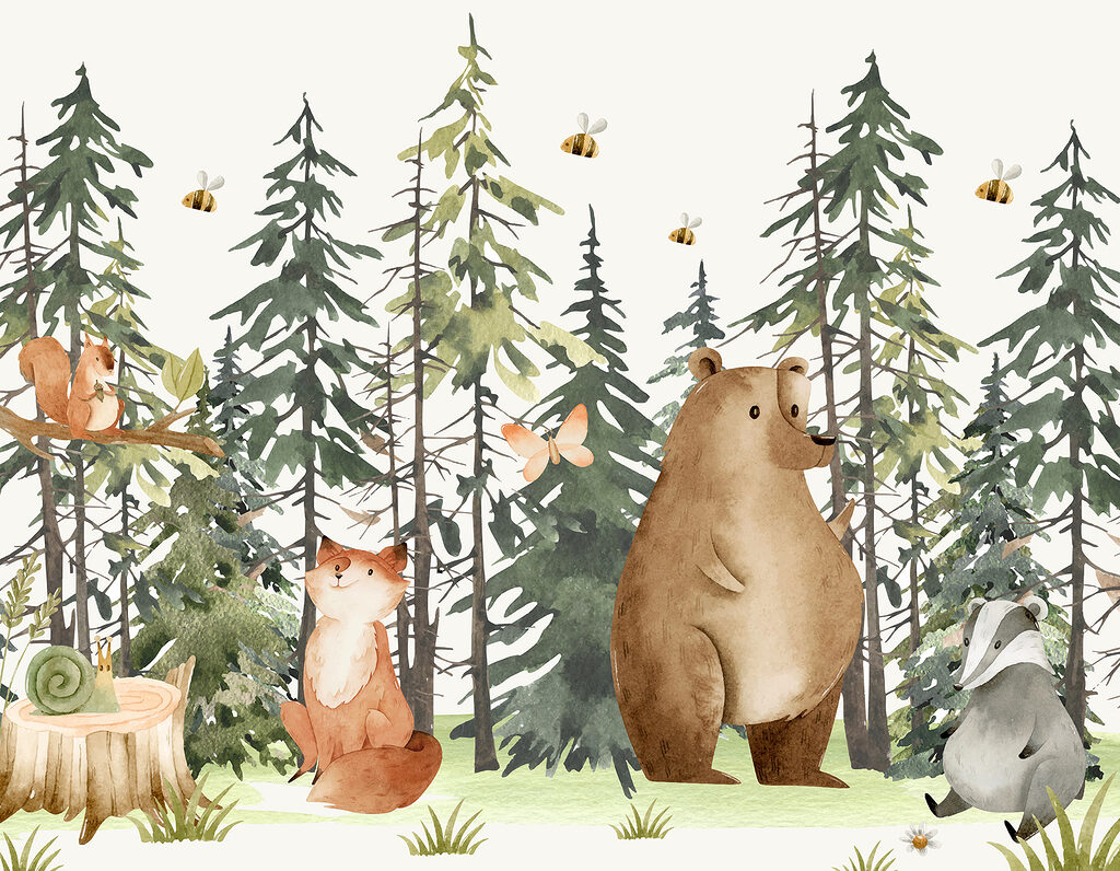 Oso entre coníferas — diseño completo