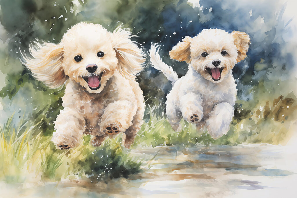 Dos perritos corriendo — diseño completo