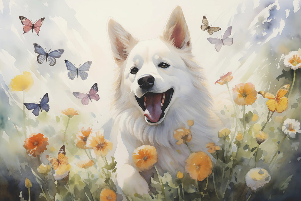 Perro blanco entre mariposas — diseño completo