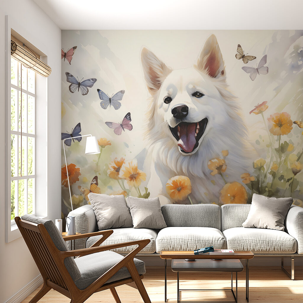 Perro blanco entre mariposas — interior 1