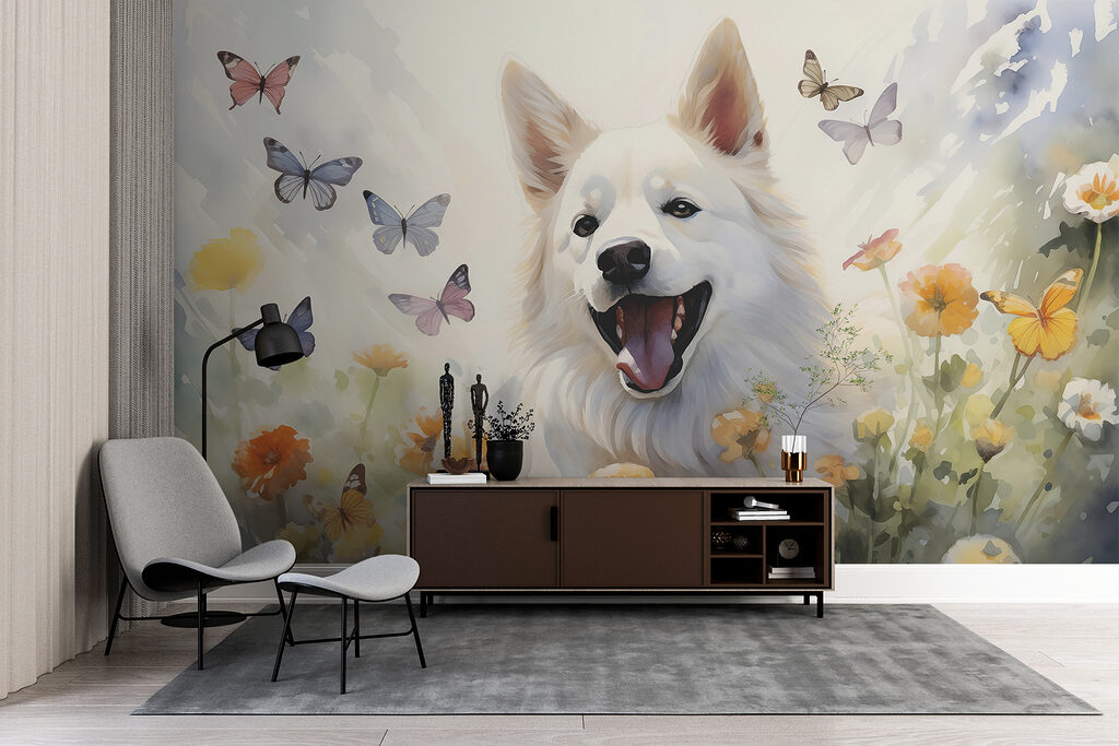 Perro blanco entre mariposas — interior 2