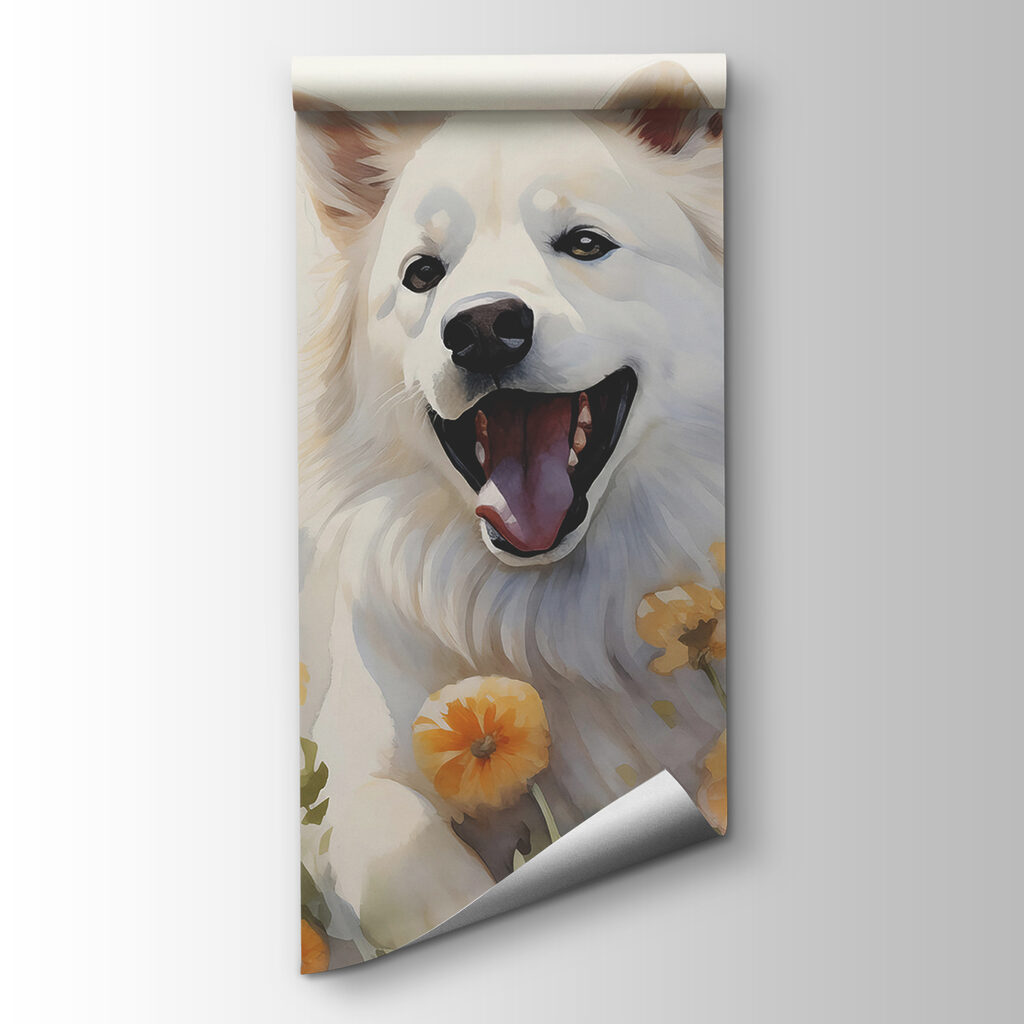 Perro blanco entre mariposas — vista del producto
