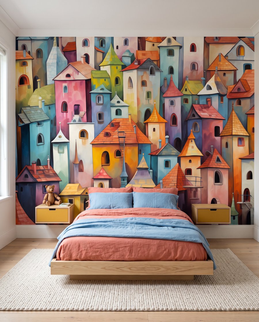 Casitas de colores en un interior