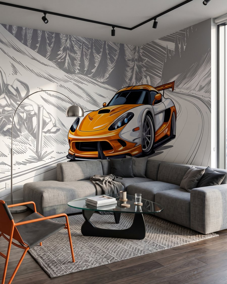 Deportivo naranja en curva — interior 3