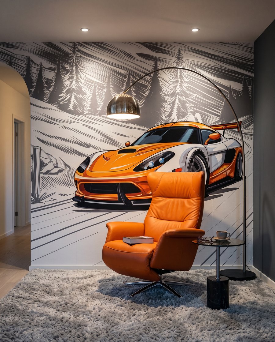 Deportivo naranja en curva — interior 4